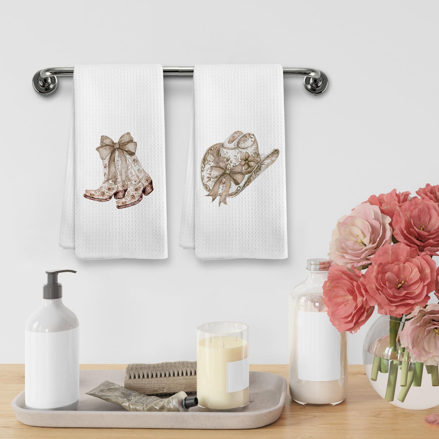 XNXLDYLH Preppy Bow Western Bath Kitchen Towels and Dishcloths Sets of 2, Coquette Brown Beige Tan Cowgirl Chinoiserie Floral Home Bathroom Decor Dish Hand Tea Towels for Bathroom Kitchen, 16x24 Inch