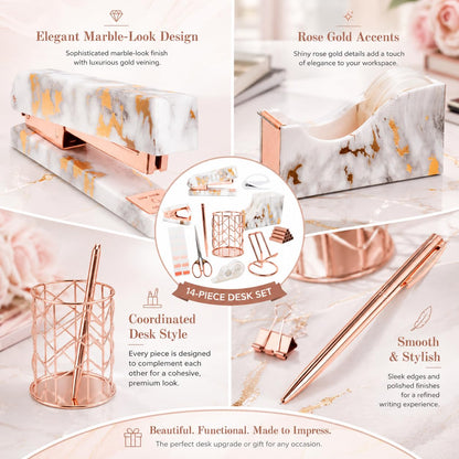 Office Desk Accessories Supplies - 14 Pcs Women Rose Gold Marble Desk Decor Set, Cute Aesthetic Office Essentials Kit, Stapler Tape Dispenser Pen Organizer, Acrylic Mini Teacher Stuff for School Home