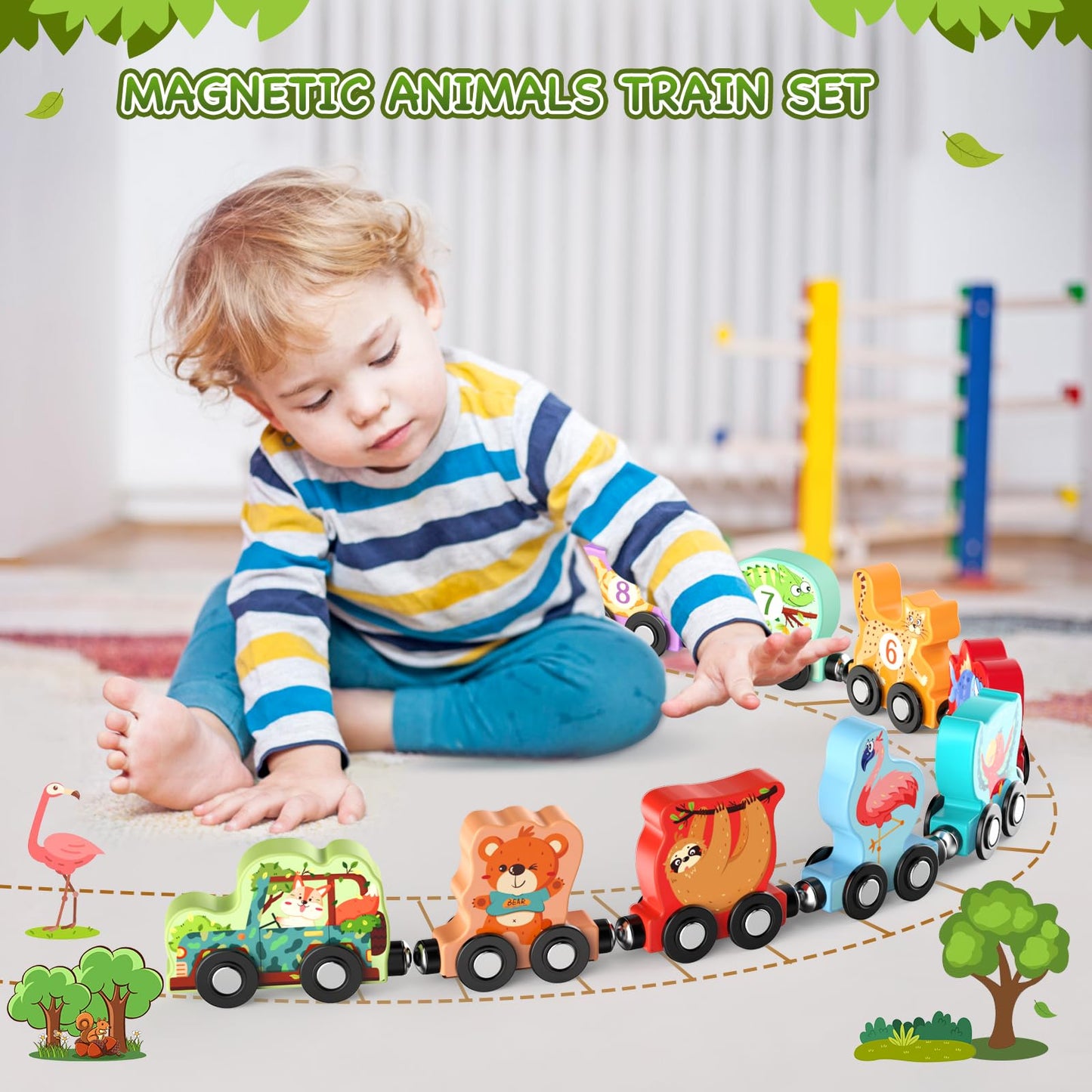 Zeoddler Toys for Toddlers, 11 Magnetic Wooden Animals Train Set, Montessori Toys for Toddlers, Learning Activities, Sensory Activities for Kids, Birthday Gifts for Boys, Girls