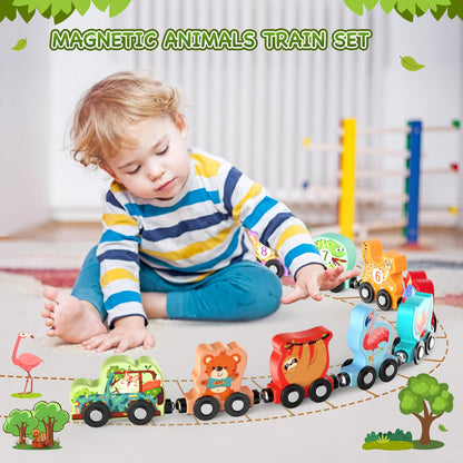 Zeoddler Toys for Toddlers, 11 Magnetic Wooden Animals Train Set, Montessori Toys for Toddlers, Learning Activities, Sensory Activities for Kids, Birthday Gifts for Boys, Girls