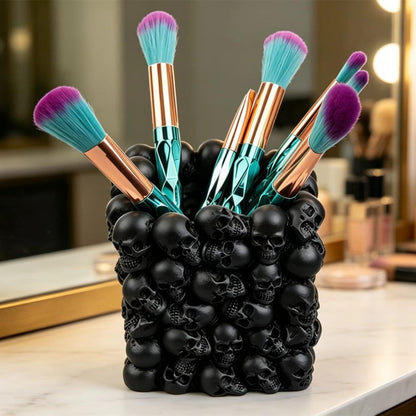 RURAUOGR Skull Pen Pencil Holder Makeup Brush Holder Toothbrush Holder Flower Pot Key Storage Resin Skeleton Home Office Halloween Decor (Black)