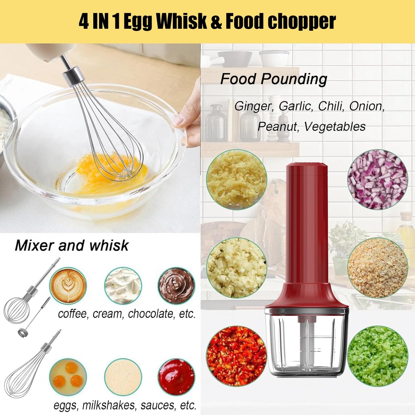 4-in-1 Electric Hand Mixer, Electric Whisk, Mini Onion Chopper 10Oz, Small Cordless Hand Blender, Milk Frother Wand for Coffee, Matcha, 4 Speed Rechargeable Food Processor for Baby Food Maker