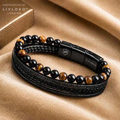 LIVLOKO LONDON Mens Bracelet Leather Black Multi-Layer Tiger Eye Stone Beads Adjustable Steel Clasp Viking Rope Bands Surfer Man Wristband Male UK Jewellery Gift box Husband Boyfriend Dad Son