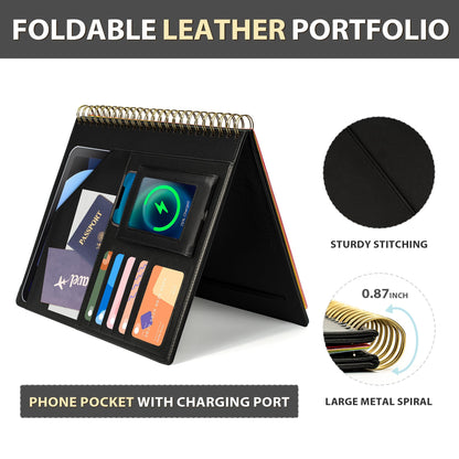 Ospelelf Clipboard with Storage for Men Women, Leather Padfolio Portfolio Organizer 5 Folders with 10 Pockets, Spiral Clipboard Folio with Notepad for Letter Size, Elastic Closure and Pen Loop Black