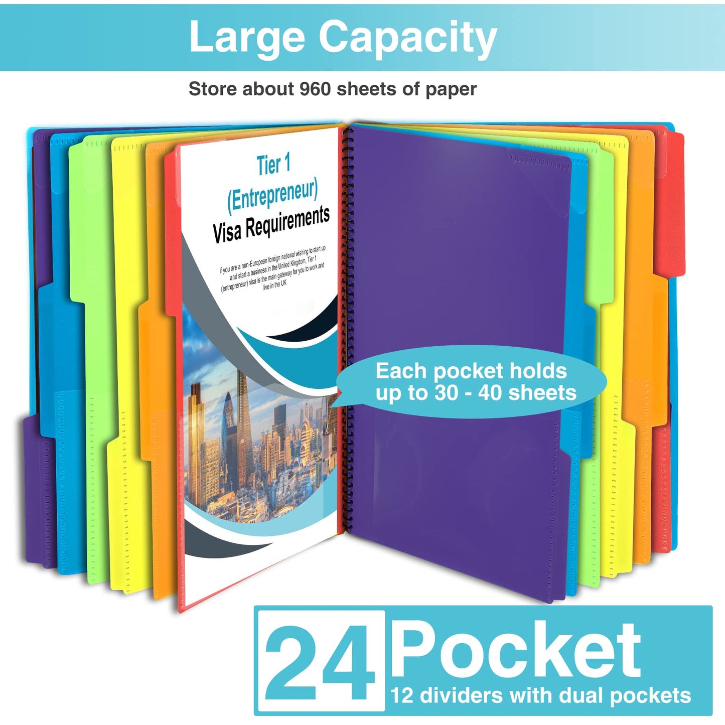 Forvencer 24 Pocket Project Organizer, 1/3-cut Tab Binder Organizer with Sticky Labels, Multi Pocket Folder with Zipper Pouch, Folder Binder Spiral Pocket Notebook, Office Supplies