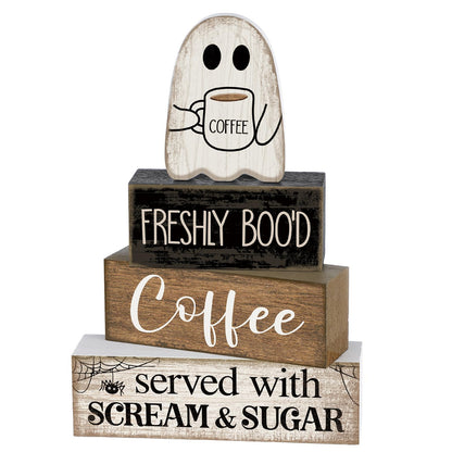 Lineshading 4 Pcs Halloween Table Decor Coffee Ghost Wooden Sign Halloween Tiered Tray Decor Farmhouse Ghost Tabletop Centerpiece Decorative Coffee Bar Block Signs for Home Office Kitchen Shelf