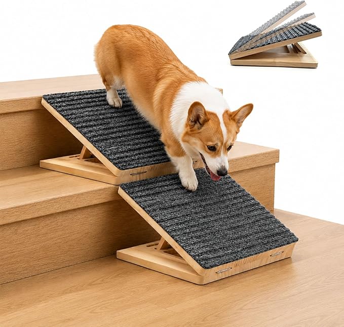 2 Pack Dog Ramp for Stairs - Solid Wood Adjustable & Foldable Pet Ramps, 3 Heights, Non-Slip Silicone Base & Traction Felt, 35lb Capacity, Indoor Stairs & Porch