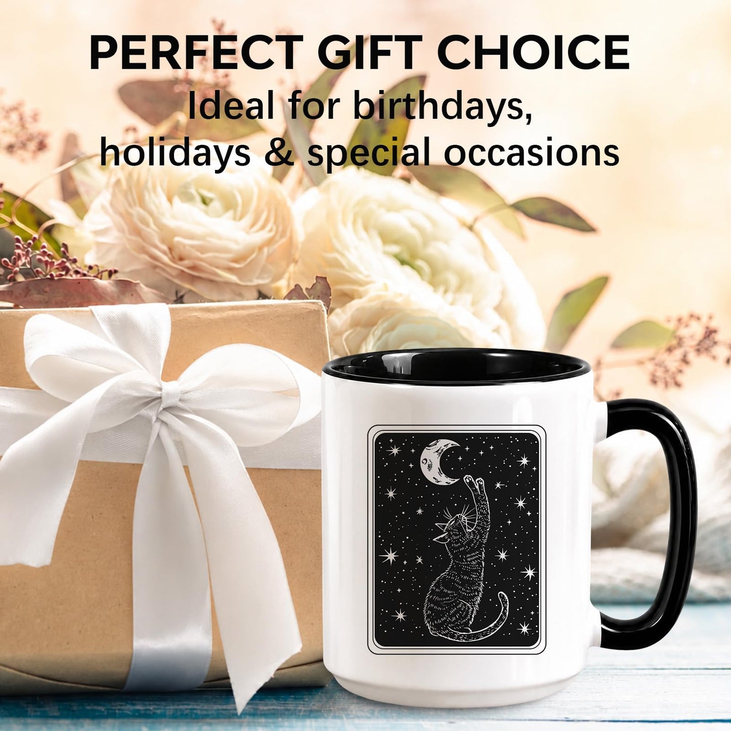 RVEAFA Black Cat Mug 15 Oz Ceramic Coffee Cup, Witchy Moon Gothic Mug Cute Cat Pet Themed Gift, Unique Coffee Mugs for Women, Halloween Coffee Cups Pretty Mugs for Home Kitchen Office