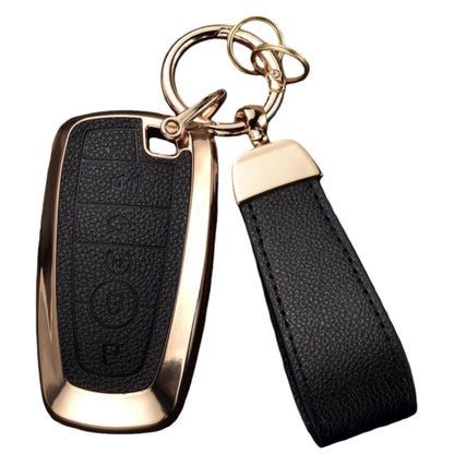 WiiLemz Key Fob Cover for Ford with Keychain, Upper Leather + Soft TPU Key Cover Case for Explorer Fusion Escape Edge Expedition F150 F250 F350 F450 F550 Maverick Mustang (5-Buttons, Black)