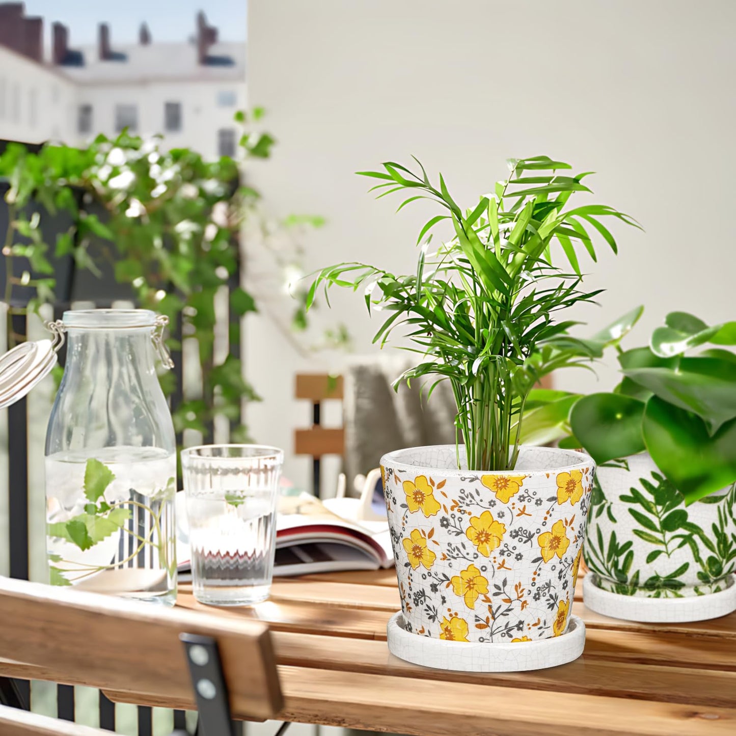 Small Ceramic Pot for Indoor Plants - 5.5 inch Plant Pot with Drainage Hole and Saucer Yellow Flower Decorative Planter Indoor Outdoor Pots for Succulent Cactus Pothos Plant Windowsill Home Garden