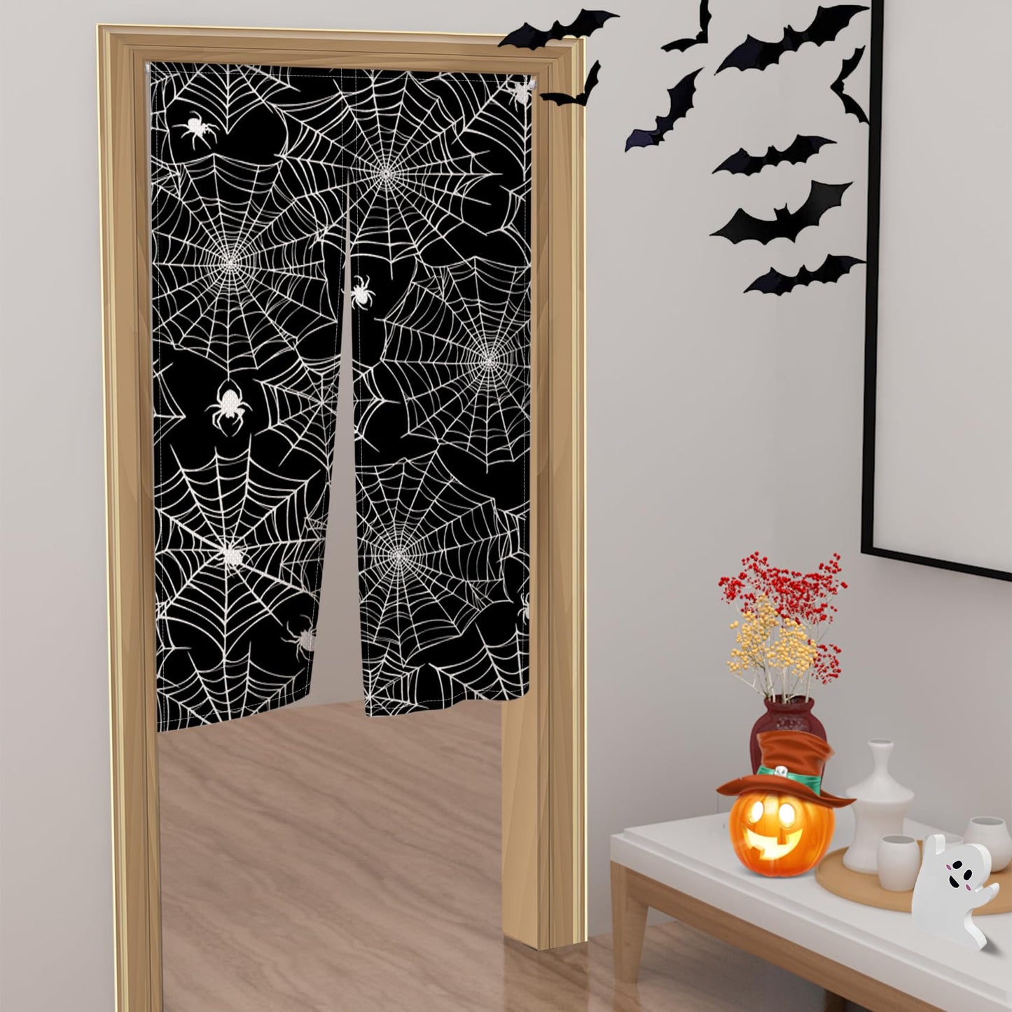 Leowefowa Janpanese Doorway Curtain Halloween Scary Spider Web Black Door Hanging Horror Night of Halloween Theme Window Treatment Partition Kithchen Bathroom Door Decor 33.5"x 59"