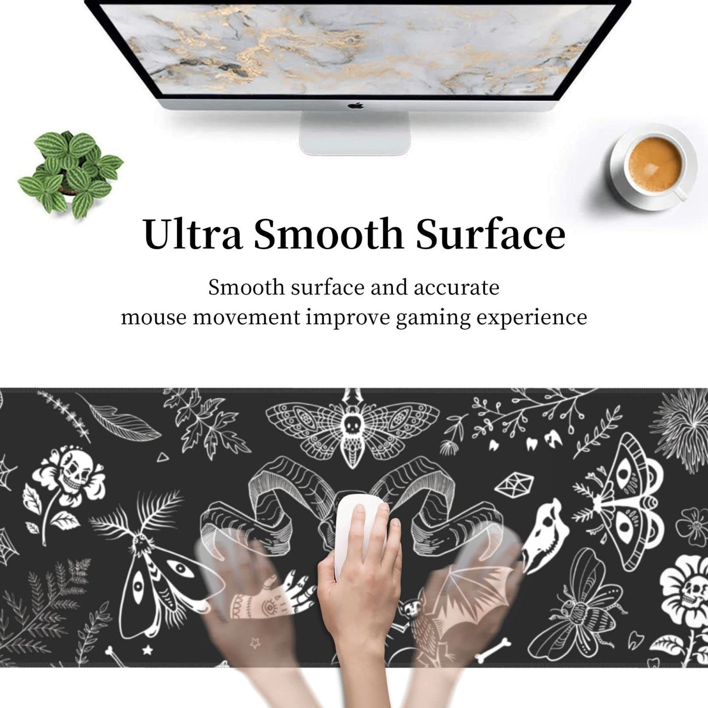 Witch Skeleton Goat Gaming Mouse Pad XL Black and White Large Extended Non Slip Rubber Base Desk Mat Stitched Edge Keyboard Mat 31.5x11.8 Inch