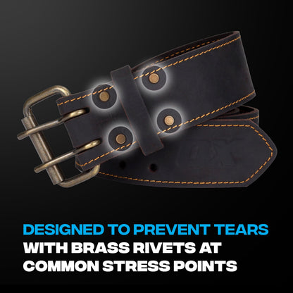 OX Pro 2 Inch Leather Tool Belt - Oil Tanned Full Grain Leather - Perimeter Stitched Construction Belt with Rivets - 28" to 44" Length - Cinturon Para Construccion