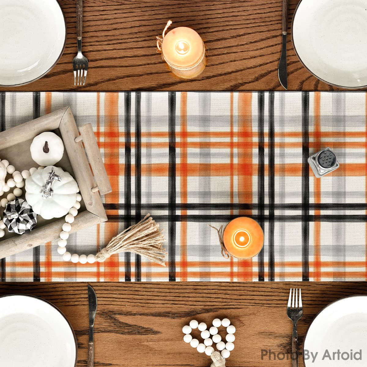 Artoid Mode Orange Black Buffalo Plaid Fall Table Runner, Halloween Kitchen Dining Table Decoration for Outdoor Home Party 13x108 Inch