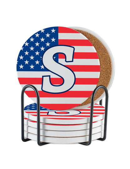 Onebttl Monogram Initial Gifts - Patriotic American Flag Ceramic Coaster Set of 6 - with Holder and Absorbent Cork Base - S
