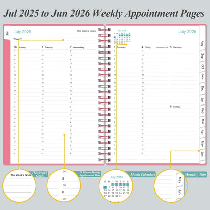 2025-2026 Appointment Book & Planner - Hourly Planner from July 2025 - June 2026, Weekly Appointment Book 2025-2026 with 30-Minute Interval, 6.4" x 8.5", Pink