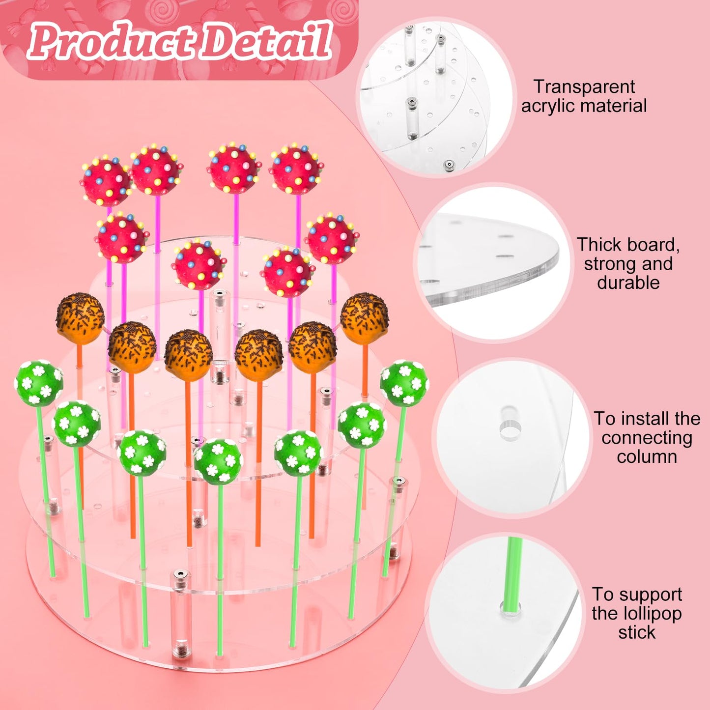 Bettoor Cake Pop Stand, 36 Holes Acrylic Cake Pop Holder, 3 Tiers Clear Lollipop Holder for Display Candy Dessert, Lollipop Stand for Birthday Parties Weddings Halloween