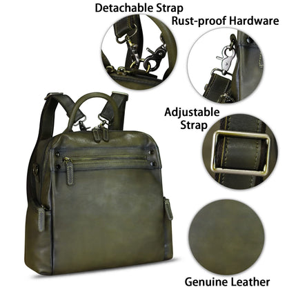 Genuine Leather Backpack Purse for Women Vintage Casual Daypack Knapsack Handmade Rucksack Convertible Shoulder Bag (Green) Medium