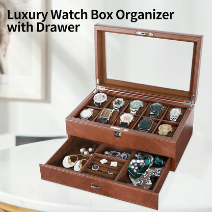 HELMDY Leather Watch Box with Drawer-10 Slots Locking Jewelry Watches Holder for Men-Luxury Watch Case Display Organizer-2 Tier Organizer Watch Showcase-Storage Case
