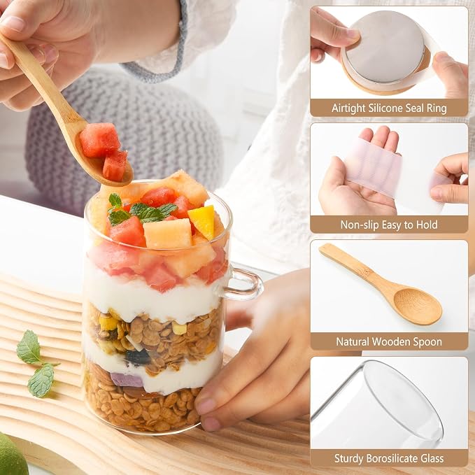 Glass Overnight Oats Containers with Lids and Spoons, 4 Pack 16oz Over Night Oats Jars with Secure-Grip Bands, Borosilicate Glass Salad Jars for Yogurt, Chia Pudding, Breakfast Oatmeal, Parfait