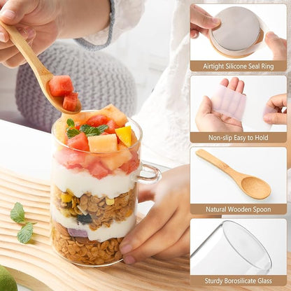 Glass Overnight Oats Containers with Lids and Spoons, 4 Pack 16oz Over Night Oats Jars with Secure-Grip Bands, Borosilicate Glass Salad Jars for Yogurt, Chia Pudding, Breakfast Oatmeal, Parfait