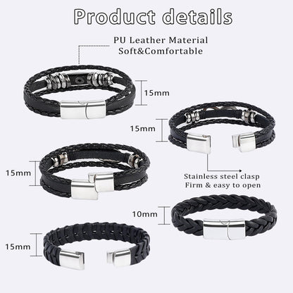MILAKOO 5Pcs Punk Bracelets for Men Stainless Steel Clasp Woven Braided Leather Wristband Goth Style