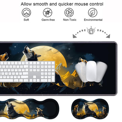 Ergonomic Keyboard Wrist Rest & Mouse Pad Wrist Rest Set, Large XXL Gaming Desk Mat 31.5"x 11.8" with Memory Foam, Easy Typing Pain Relief for Office & Home, Wolf Howling Under The Moon