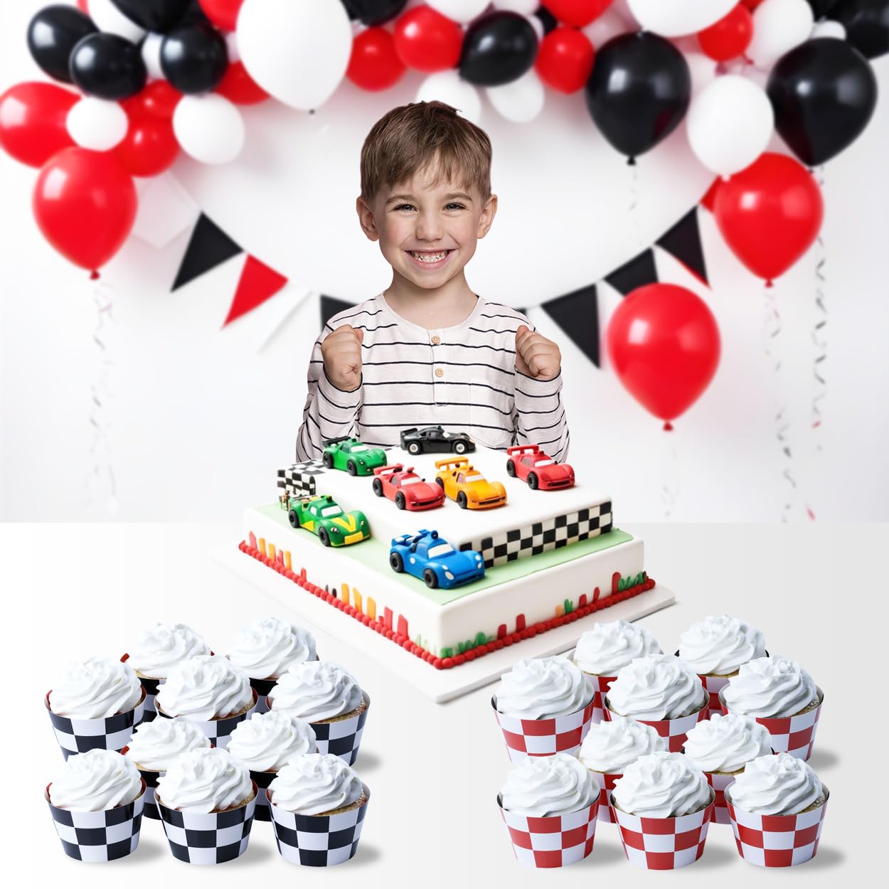 Race-Themed Checkered Cupcake Wrappers, Set of 42 - Red Checkered and Black and White Checker Pattern Cupcake Wrappers for Race Car Party Supplies by Pretty Cute Studios