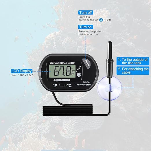 Aquarium Thermometer LCD Digital Fish Tank Thermometer with Water-Resistant Sensor Probe and Suction Cup for Turtle Incubators Terrarium Water Thermometer