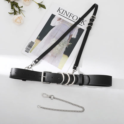 AWAYTR Women Leather Punk Waist Belt - Black PU Leather Adjustable Ladies Belts with Gold and Silver Buckle (Silver Buckle)