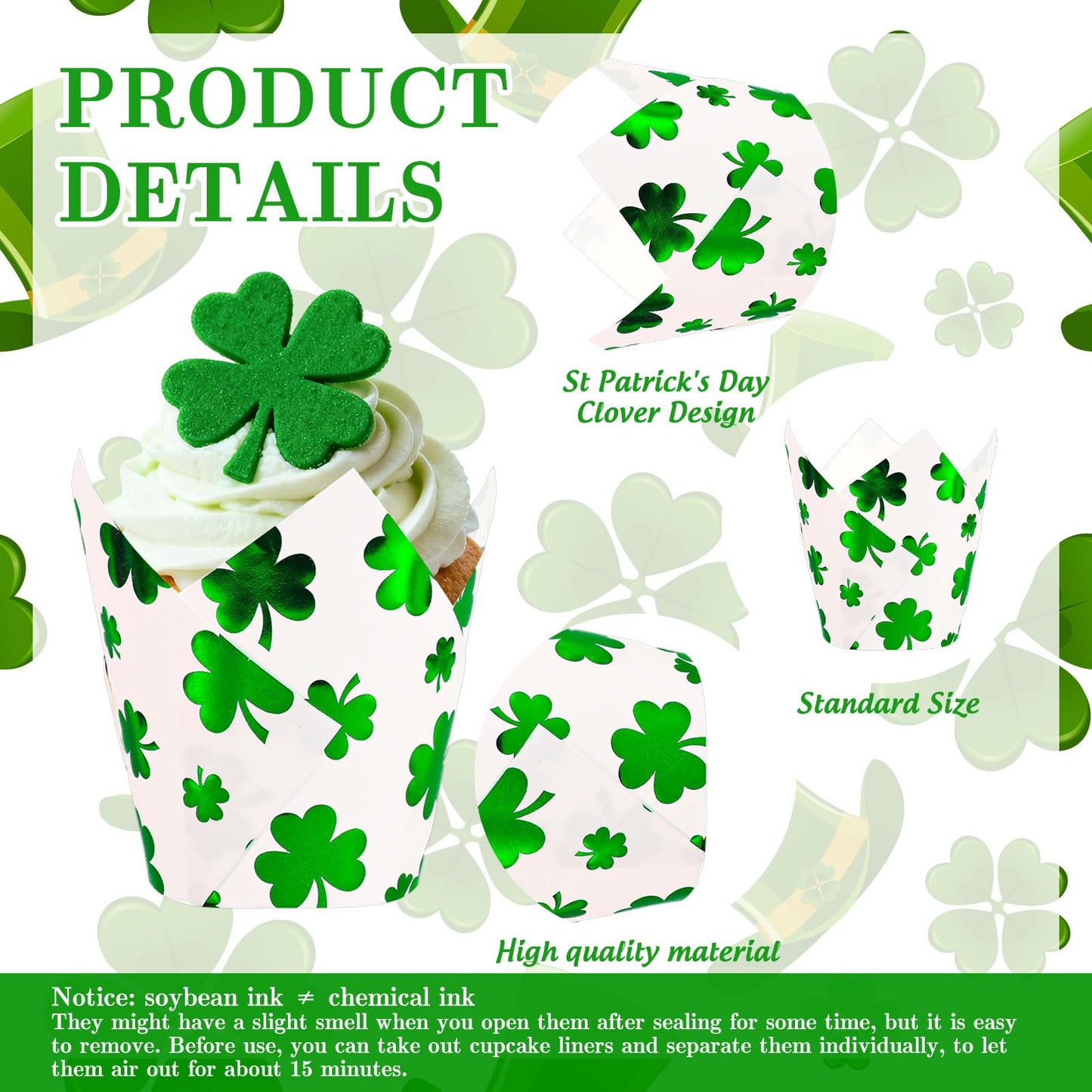 Whaline 120Pcs St. Patrick's Day Tulip Cupcake Liners Green Foil Shamrock Muffin Baking Cups Lucky Clover Cupcake Wrappers for Spring Irish Holiday Party Supplies Table Decor