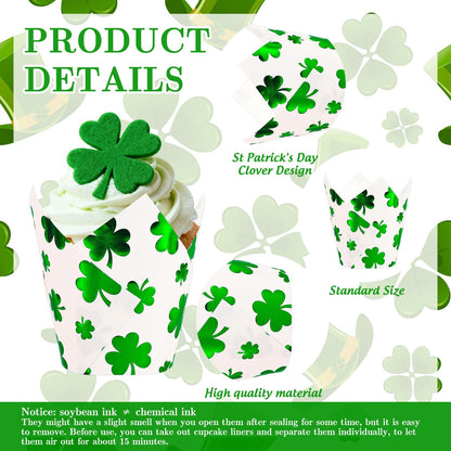 Whaline 120Pcs St. Patrick's Day Tulip Cupcake Liners Green Foil Shamrock Muffin Baking Cups Lucky Clover Cupcake Wrappers for Spring Irish Holiday Party Supplies Table Decor