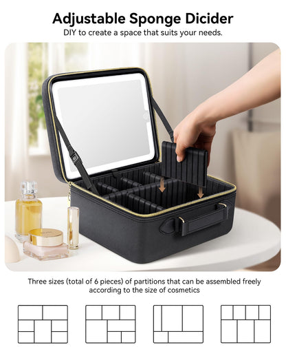 JUSRON Travel Makeup Bag With LED Mirror,Train Case with Light up Mirror, Portable Makeup Artist Organizer Bag with Adjustable Dividers (Black, Large)