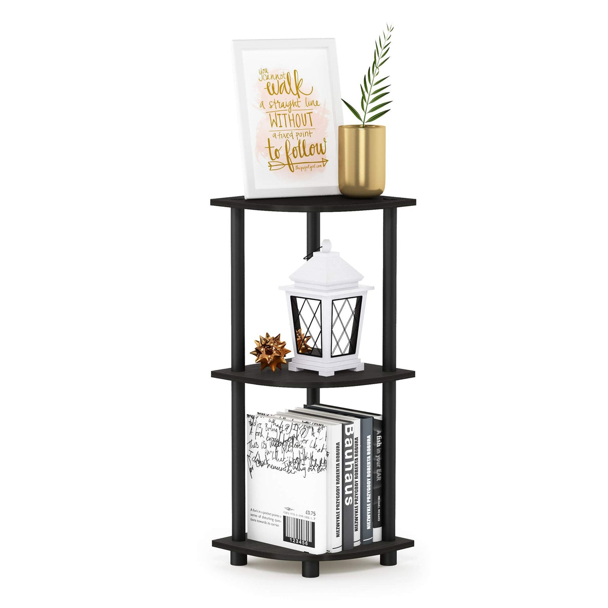 Furinno TURN-N-TUBE Corner Shelf, 3-Tier Corner Bookshelf, Display Storage Shelves with Open Shelves, for Organization and Storage, Living Room, Home Office, Garage, Espresso