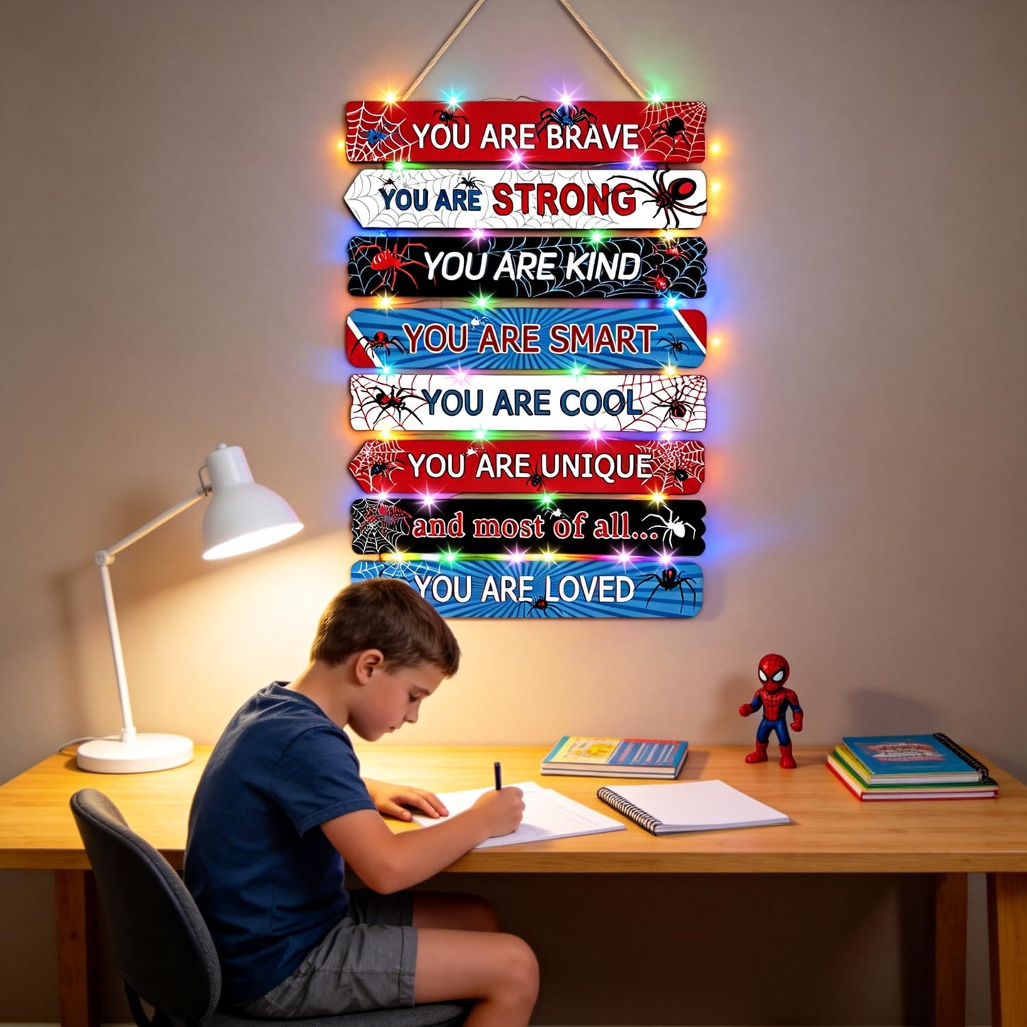 Spider Room Decor Set of 8 with LED Lights, Boys Bedroom Decor Inspirational Positive Quotes Wall Art, Motivational Wooden Hanging Signs Wall Decorations for Nursery Teens Toddler Room