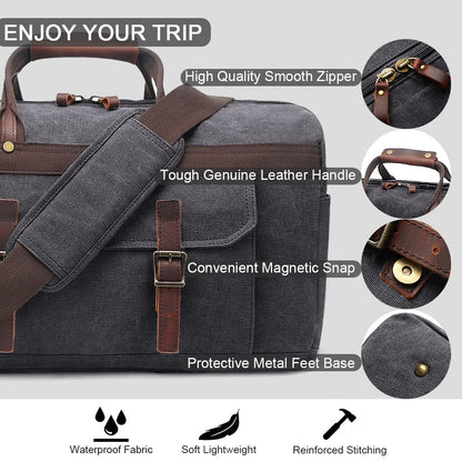 Duffle Bag for Men Waterproof Genuine Leather Canvas Travel Duffel Bags for Women Overnight Weekender Bag for Traveling, Black