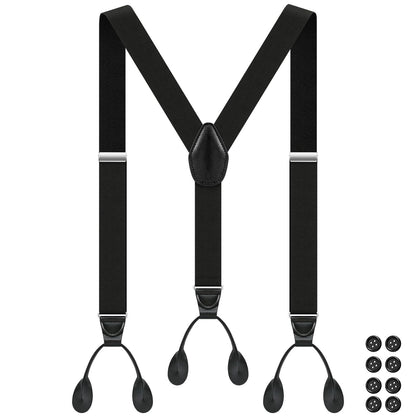 Button Suspenders for Men Y-Back 1.4 Inches Wide Leather Button End Elastic Adjustable Suspenders for Men Tuxedo Black Braces