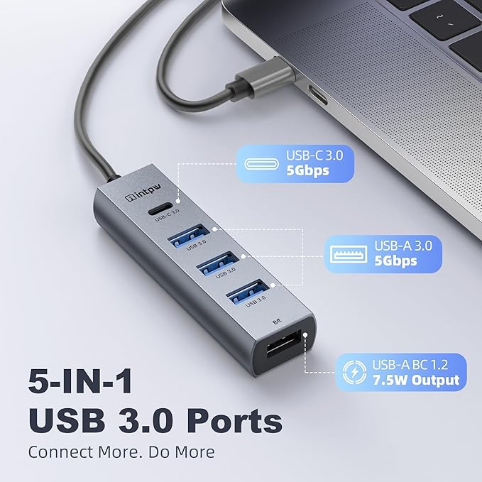 intpw USB C to USB A Hub 5 Ports Type C Hub USB 3.0 5Gbps Aluminum Adapter Multiport USB C Hub for Laptop, Mac, iPad, PC (0.82FT(5in1,BC))