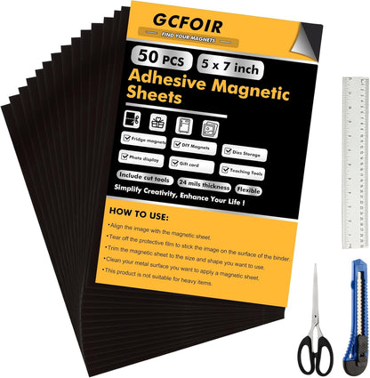 Adhesive Magnetic Sheets 5 x 7 Inch, 50 Packs Magnetic Sheets with Adhesive Backing - 0.5mm Thickness Flexible Magnet Sheets for Dies Storage, Craft Projects, Photos, School, Office