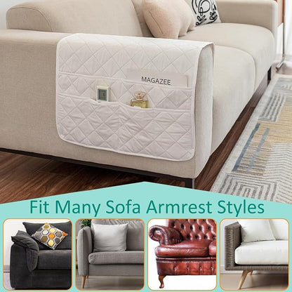 Armchair Caddy Remote Control Holder Sofa Organizer, Non-Slip Couch Arm Chair Caddy with 6 Pockets for Tablets,Smart Phone,Books,Pens,Magazines,Ipad (Off-White)