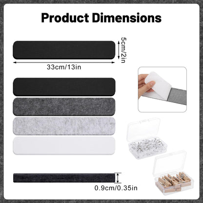 Thboxes 8 Pack Felt Bulletin Board Strips, 13x2 Inch Self Adhesive Felt Pin Boards with 50 Pushpins and 10 Wooden Clips Push Pins, Cork Board for Walls Home Office Decor(Black White Gray)