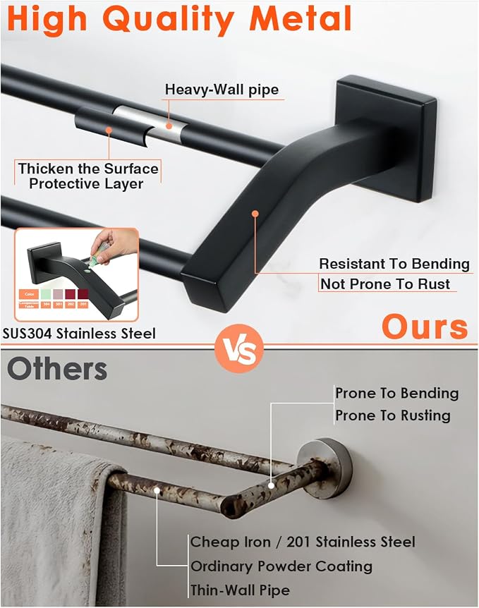 Alise Bath Double Towel Bars,16 Inch Towel Holder Towel Racks for Bathroom Useable Length 14.9 Inch,SUS304 Stainless Steel Towel Hanger Towel Rail Wall Mount,Matte Black
