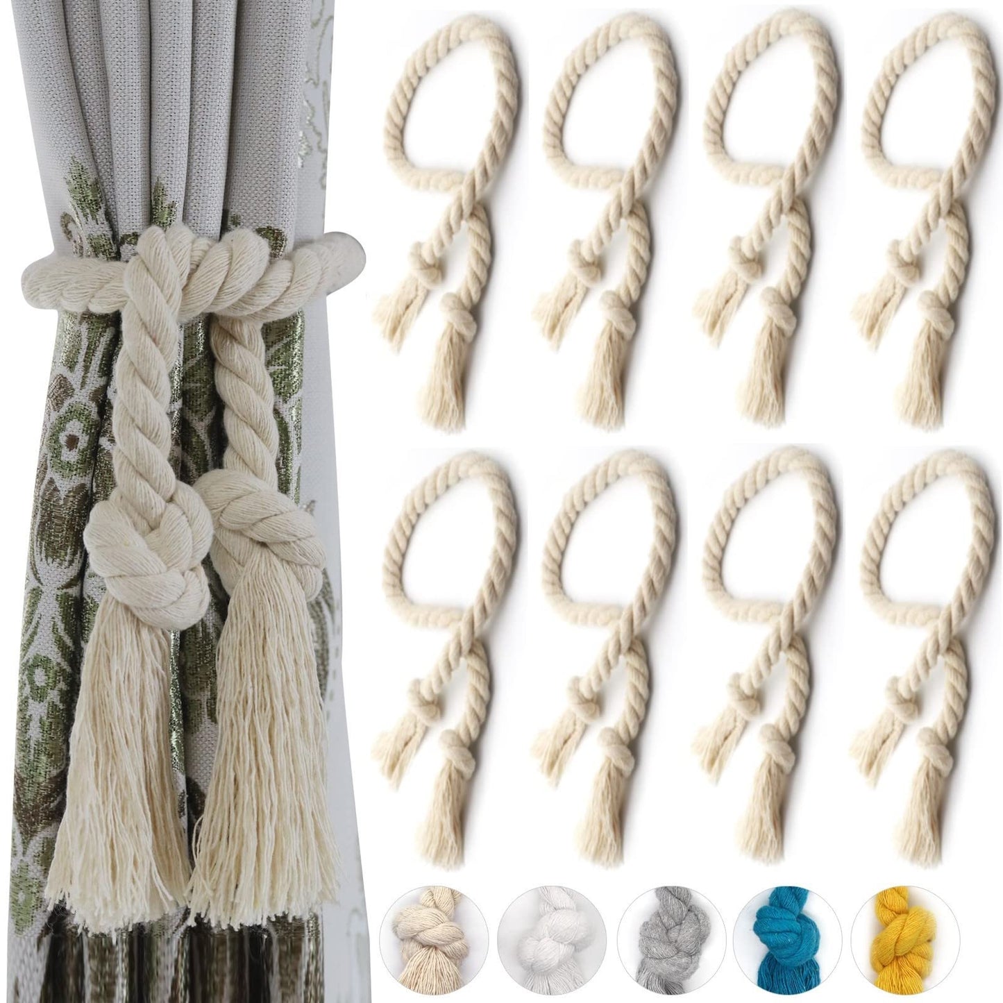 Yteseery 8 Pack Curtain Ties, Outdoor Curtain Tiebacks, Natural Cotton Curtain Holders, Village Rural Rustic Curtain Holdbacks, Nautical Curtain TieBacks Rope for Patio Drapery Pergola Drapes, Beige