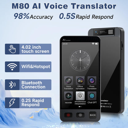 Offline Language AI Translator Device, 142 Languages Two Way Real-Time Voice Translation, ChatGPT Instant Translator, Recording&Photo AI Translation for Business Learning Travel (Black)