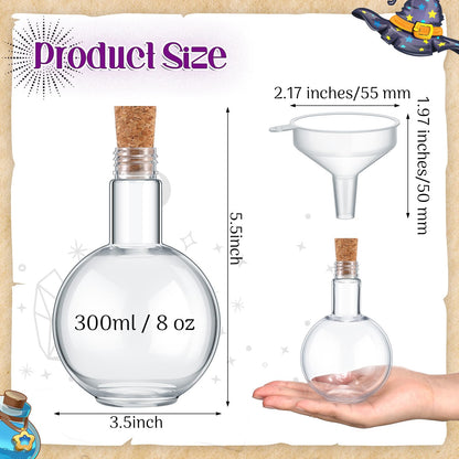 Baderke Plastic Potion Bottles with Cork 8 oz Sand Art Ball Shape Bottles with Funnels Spherical Decorative Candy Jar for Cocktail Witch Costume Props Party DIY Crafts(20 Sets)
