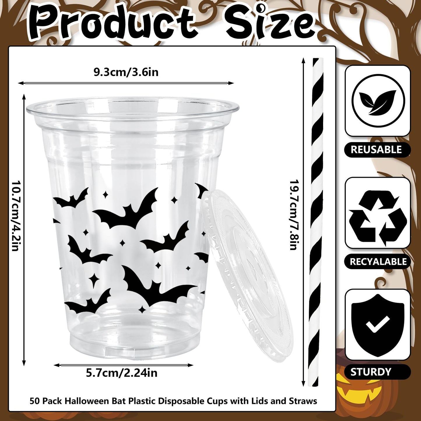 Whaline 50Pcs 12Oz Halloween Plastic Cups with Lids & Straws Black Bat Disposable Clear Drinking Cups for Home Party Supplies