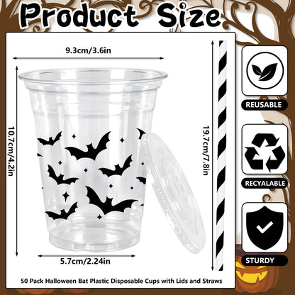 Whaline 50Pcs 12Oz Halloween Plastic Cups with Lids & Straws Black Bat Disposable Clear Drinking Cups for Home Party Supplies