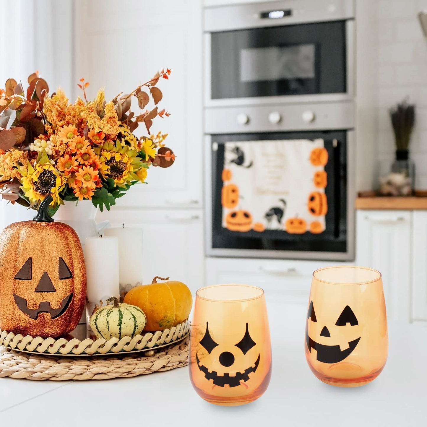 Whaline 3 Pieces Halloween Stemless Wine Glasses 17Oz Clear Orange Jack-O-Lantern Drinking Glasses Spooky Expressions Tumbler Cups for Halloween Party Birthday Housewarming Gifts Cocktail Beverage