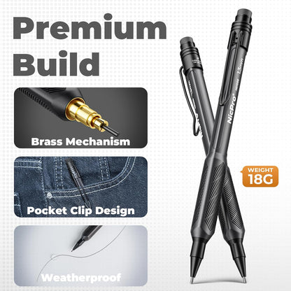 Nicpro 3 Pack Weatherproof Mechanical Pencil Set, 1.3mm Metal Mechanical Pencils, Heavy Duty Pencil for Outdoor All Weather Marking Drafting Drawing with 75 Lead Refills, Erasers, Case (Black, HD1000)