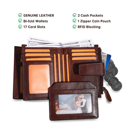Men's Vintage RFID Blocking Bifold Wallet Genuine Leather with Zipper Coin Pocket Multi-Card Slots & ID Window (Coffee)